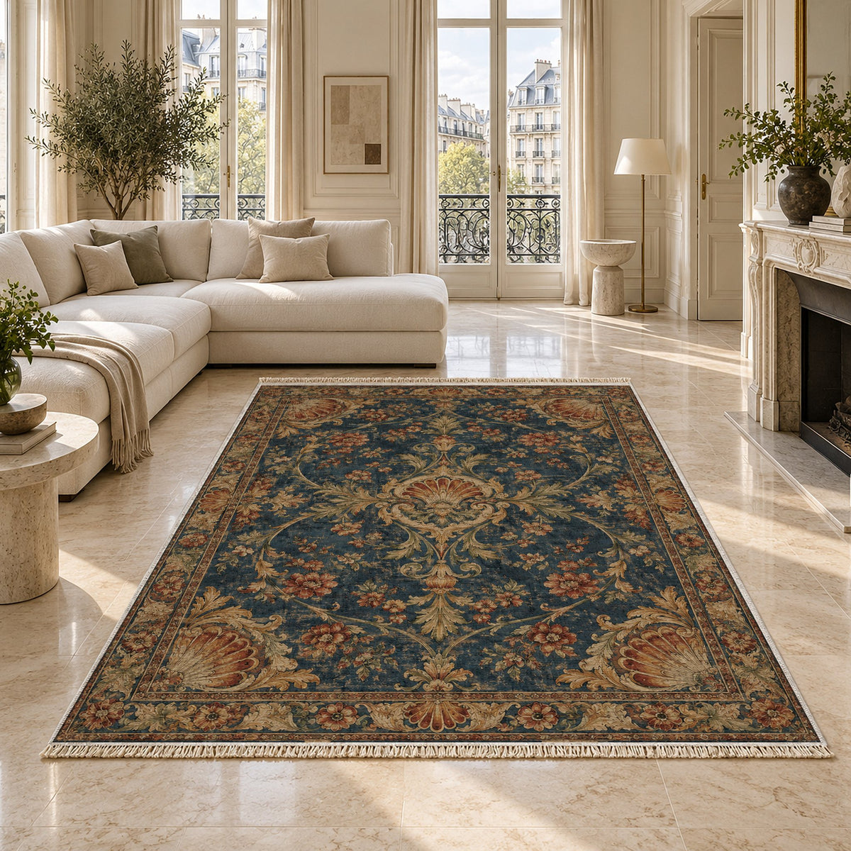 Shell Pavilion Indigo & Rust washable rug on a marble floor