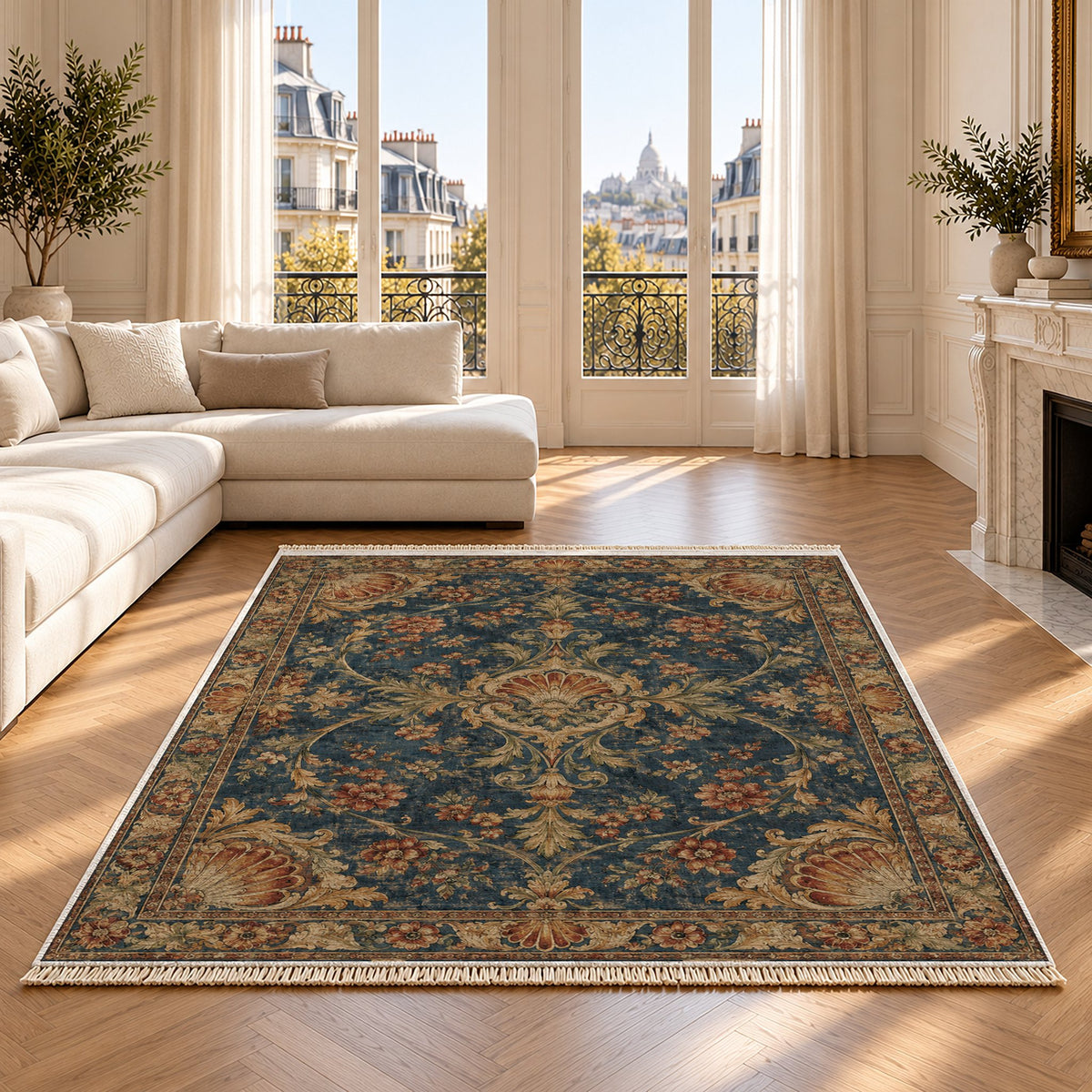 Shell Pavilion Indigo & Rust washable rug on an oak floor