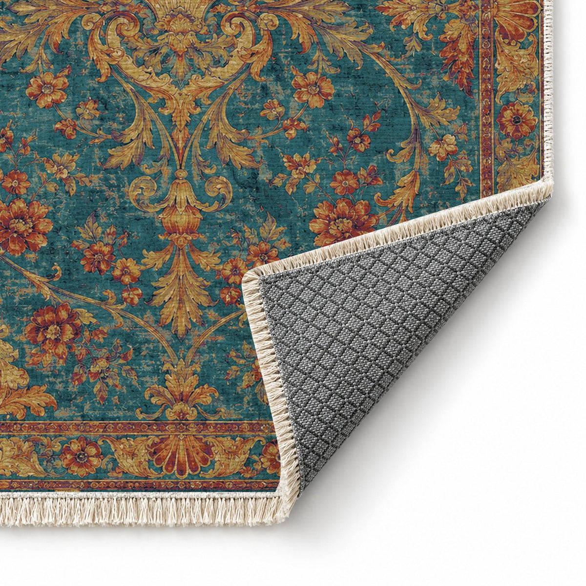 Shell Pavilion Peacock & Ochre washable rug folded corner showing the backing