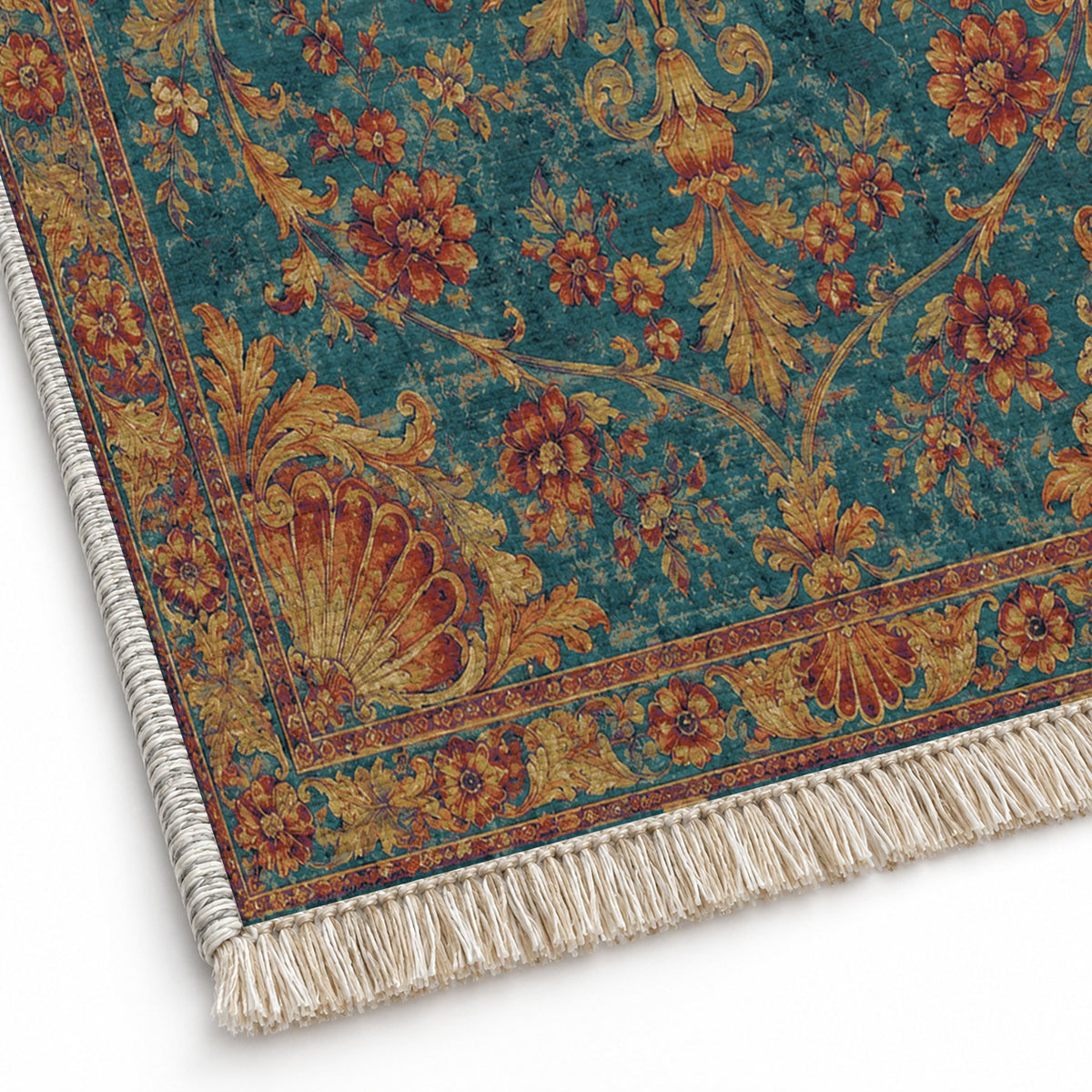 Shell Pavilion Peacock & Ochre washable rug close-up of the printed chenille