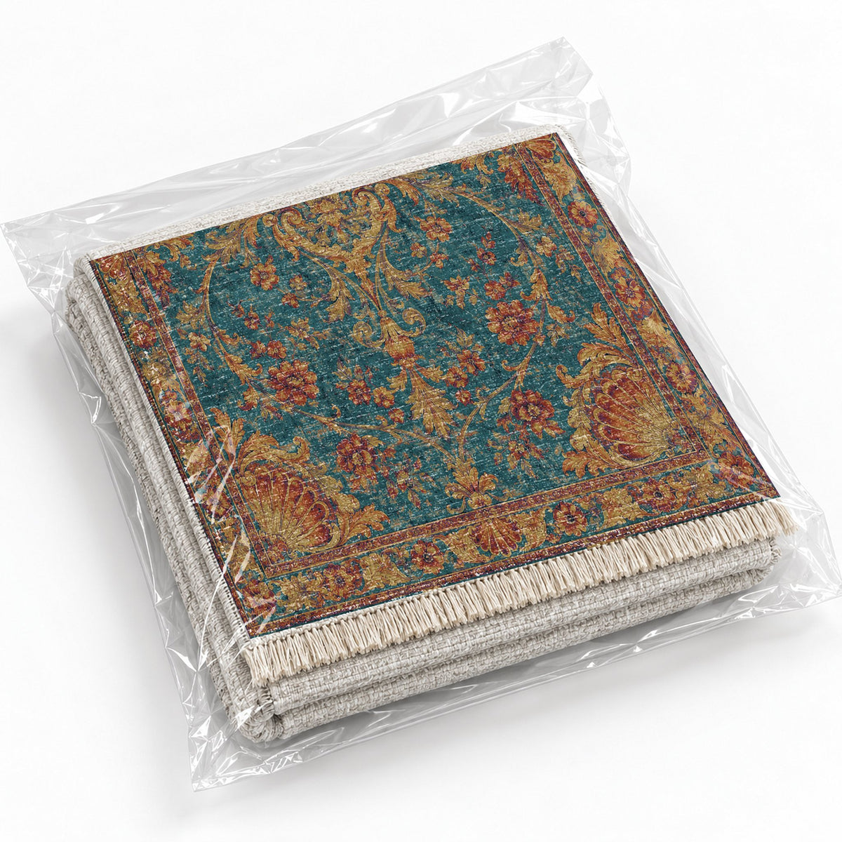Shell Pavilion Peacock & Ochre washable rug rolled and packaged