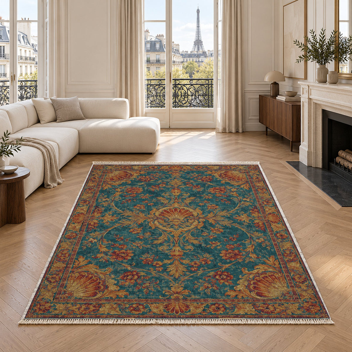 Shell Pavilion Peacock & Ochre washable rug in a living room with an Eiffel Tower view