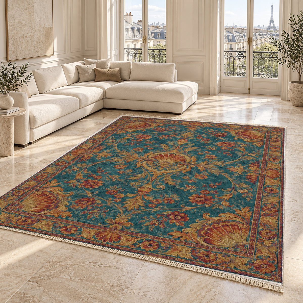 Shell Pavilion Peacock & Ochre washable rug angled room view on marble