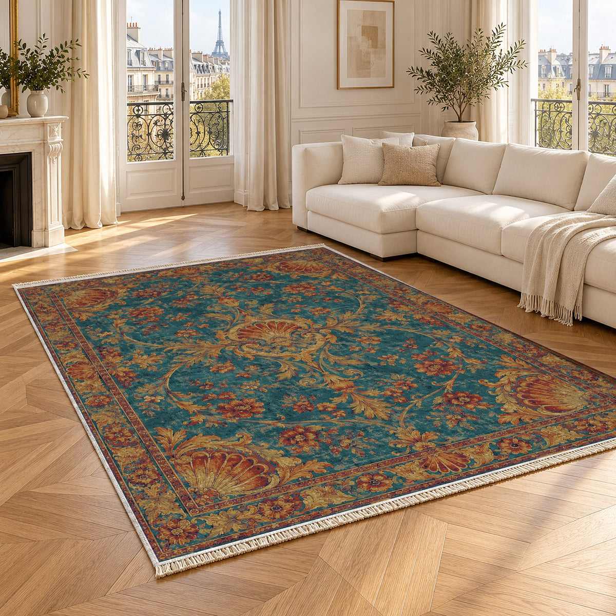 Shell Pavilion Peacock & Ochre washable rug angled room view