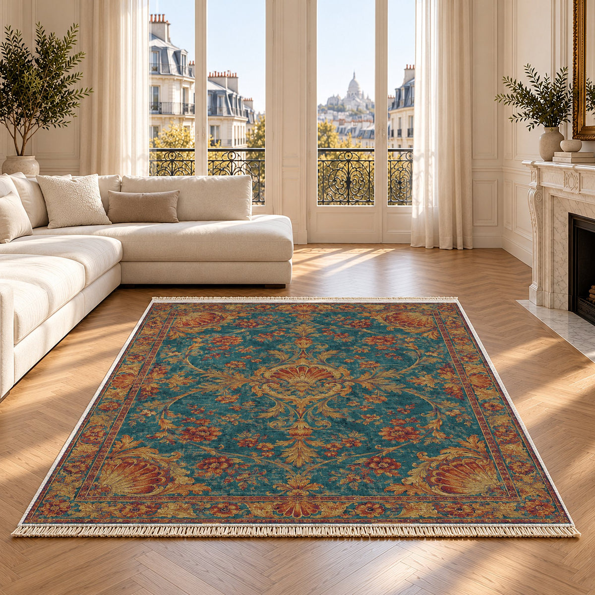 Shell Pavilion Peacock & Ochre washable rug on an oak floor