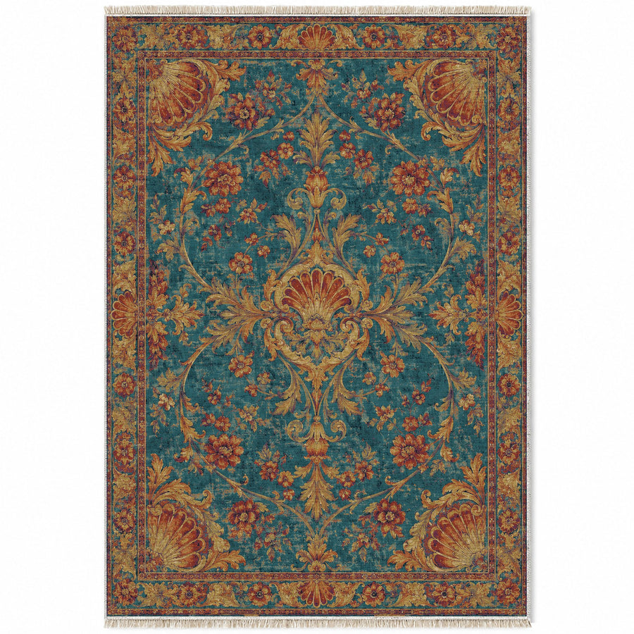 Shell Pavilion Peacock & Ochre Baroque Washable Rug