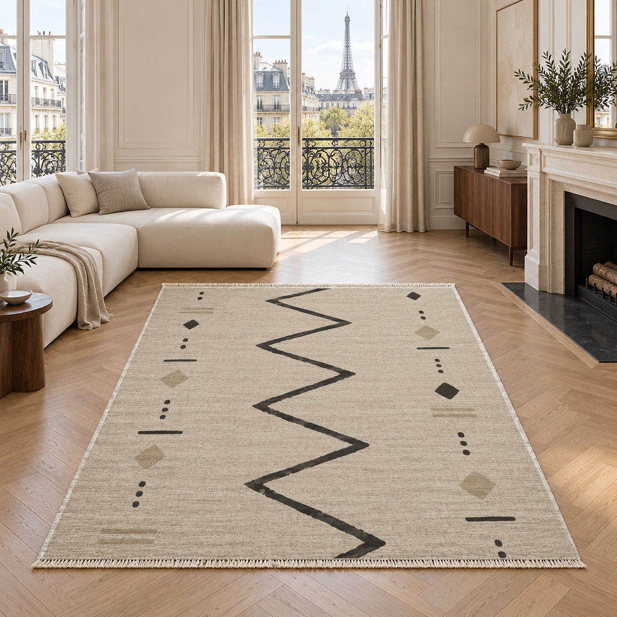 Single Path Ivory & Charcoal washable rug in a living room with an Eiffel Tower view