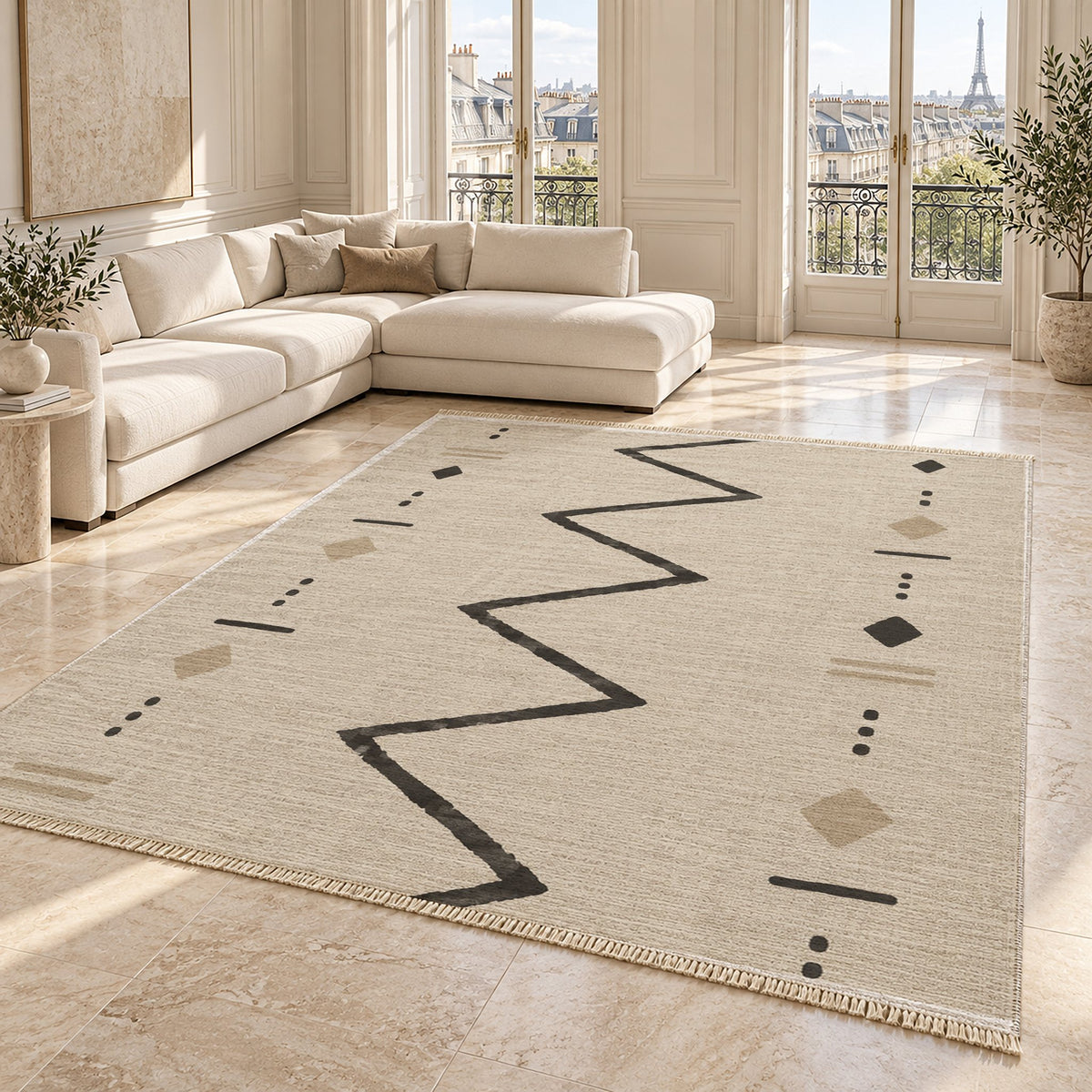 Single Path Ivory & Charcoal washable rug angled room view on marble