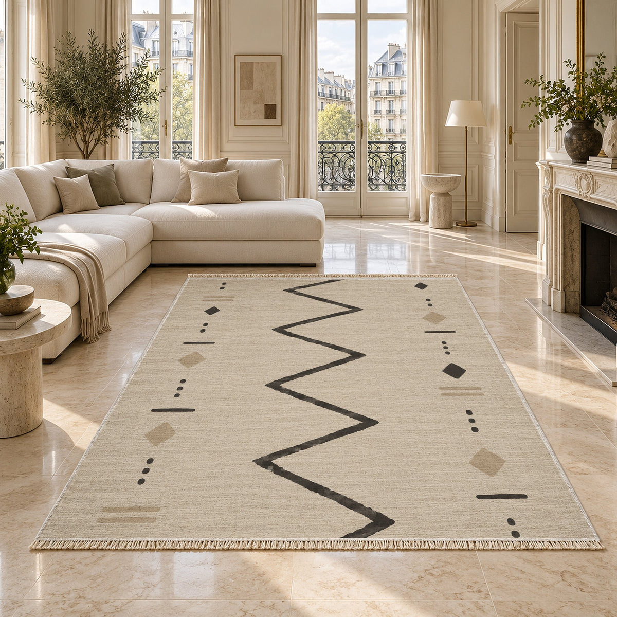 Single Path Ivory & Charcoal washable rug on a marble floor