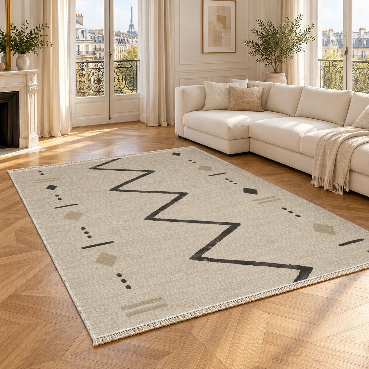 Single Path Ivory & Charcoal washable rug angled room view