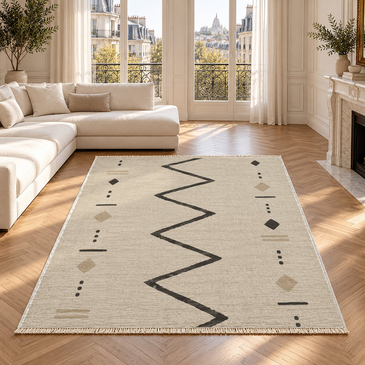 Single Path Ivory & Charcoal washable rug in a Paris living room