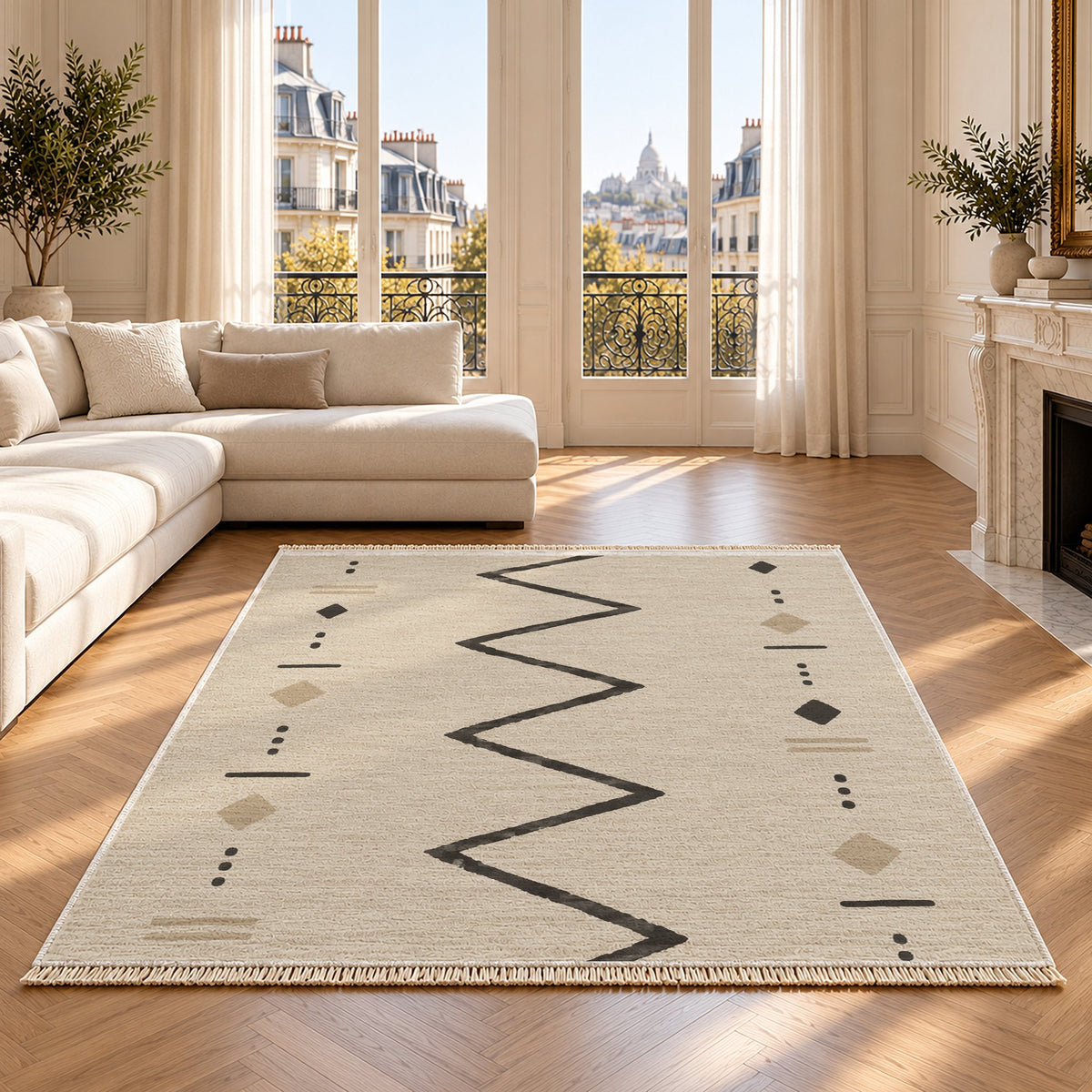 Single Path Ivory & Charcoal washable rug on an oak floor