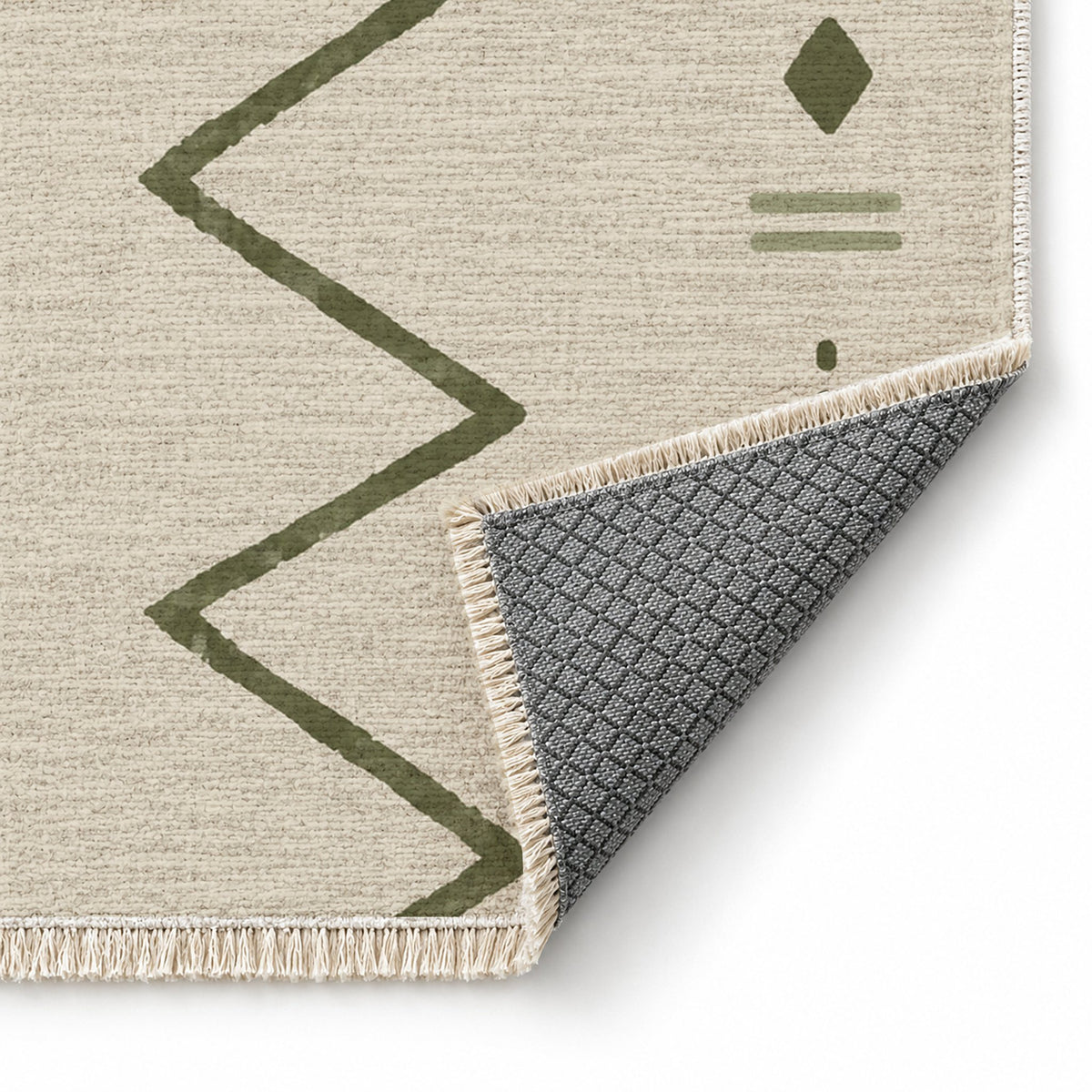 Single Path Ivory & Olive washable rug folded corner showing the backing