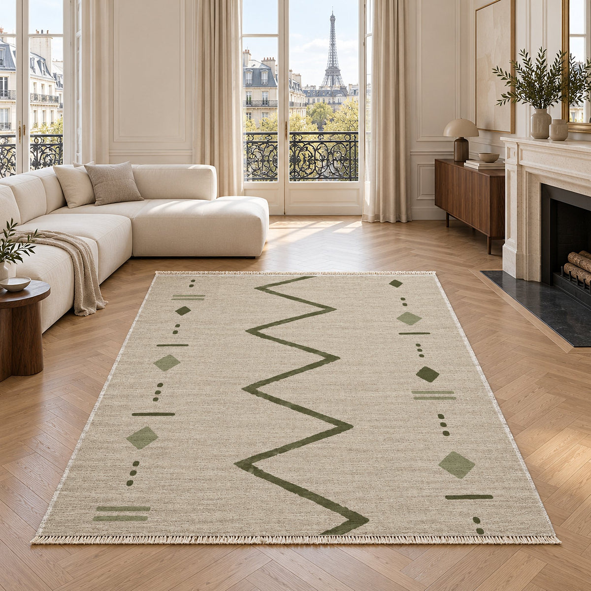 Single Path Ivory & Olive washable rug in a living room with an Eiffel Tower view