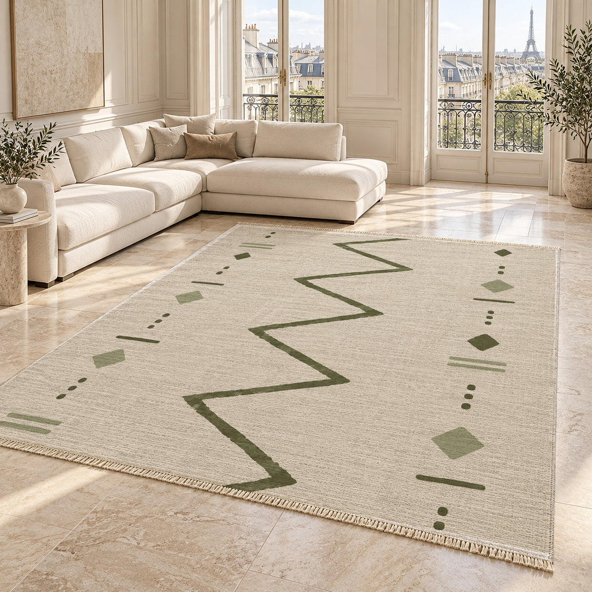 Single Path Ivory & Olive washable rug angled room view on marble