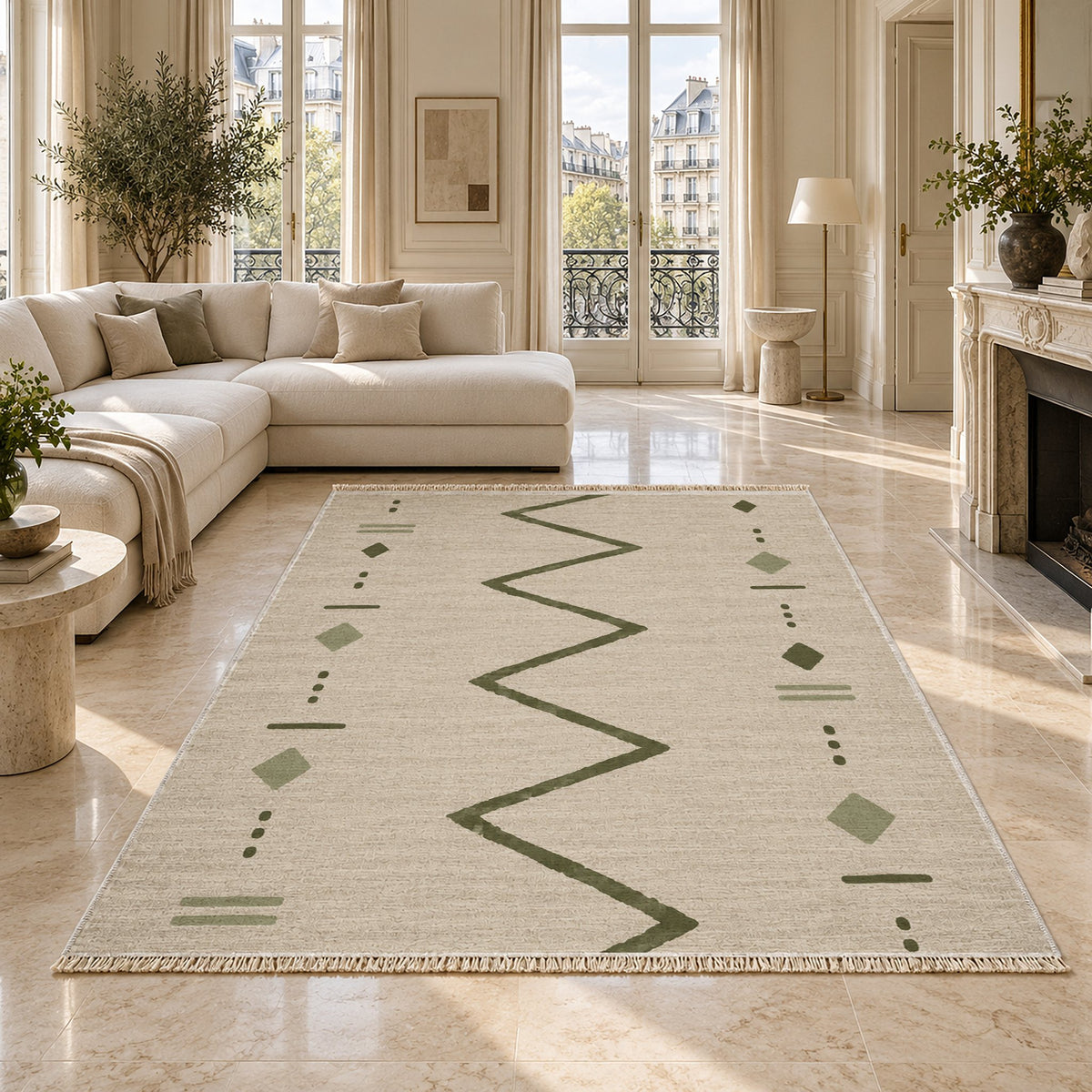 Single Path Ivory & Olive washable rug on a marble floor