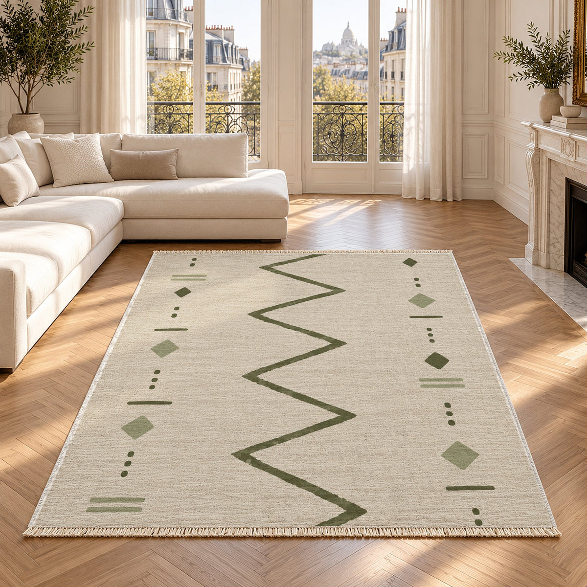Single Path Ivory & Olive washable rug in a Paris living room