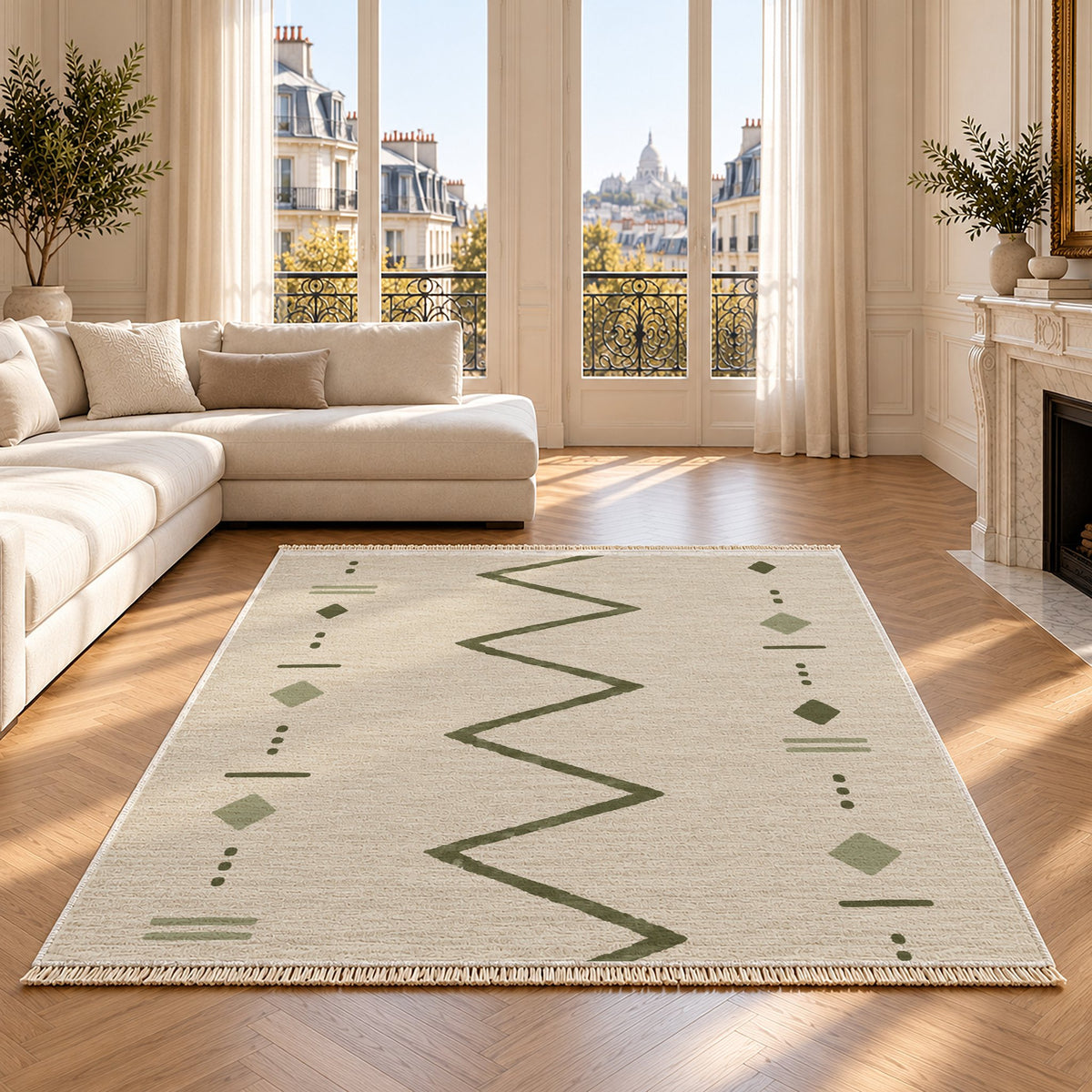 Single Path Ivory & Olive washable rug on an oak floor