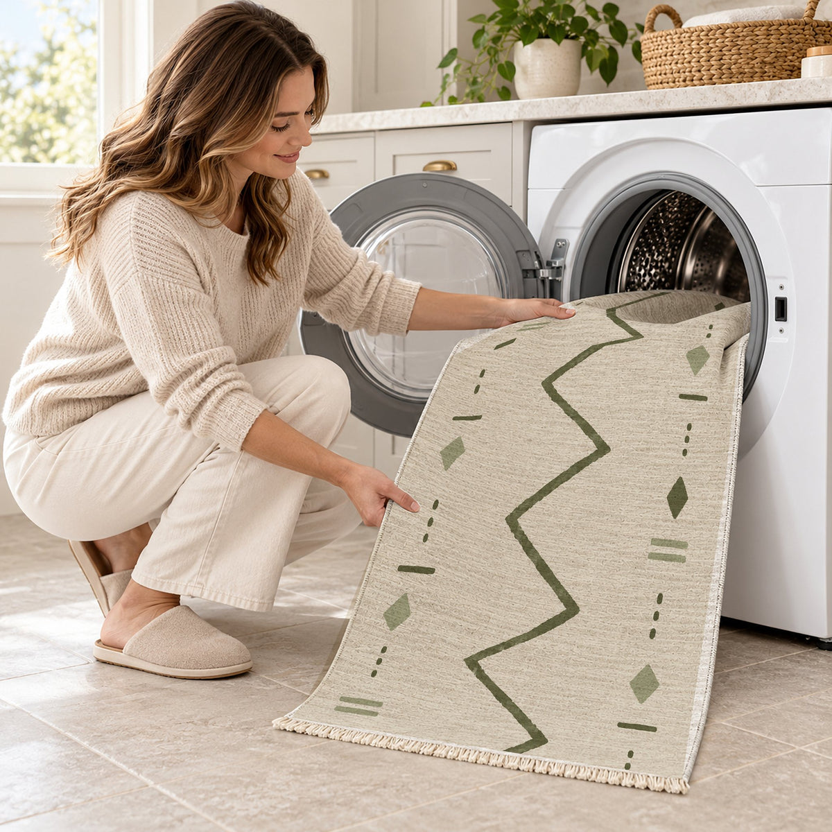 Single Path Ivory & Olive washable rug being loaded into a washing machine