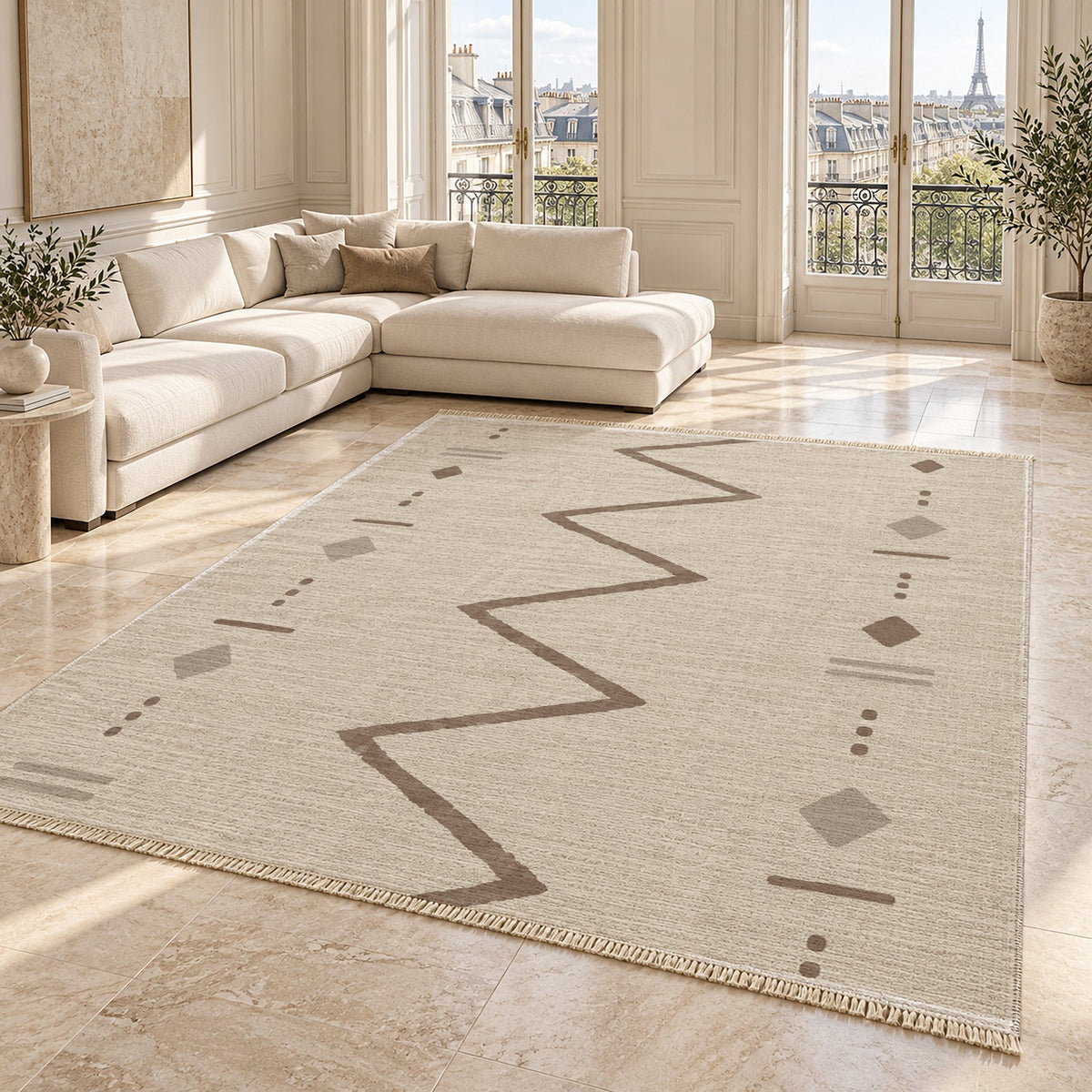 Single Path Ivory & Taupe washable rug angled room view on marble