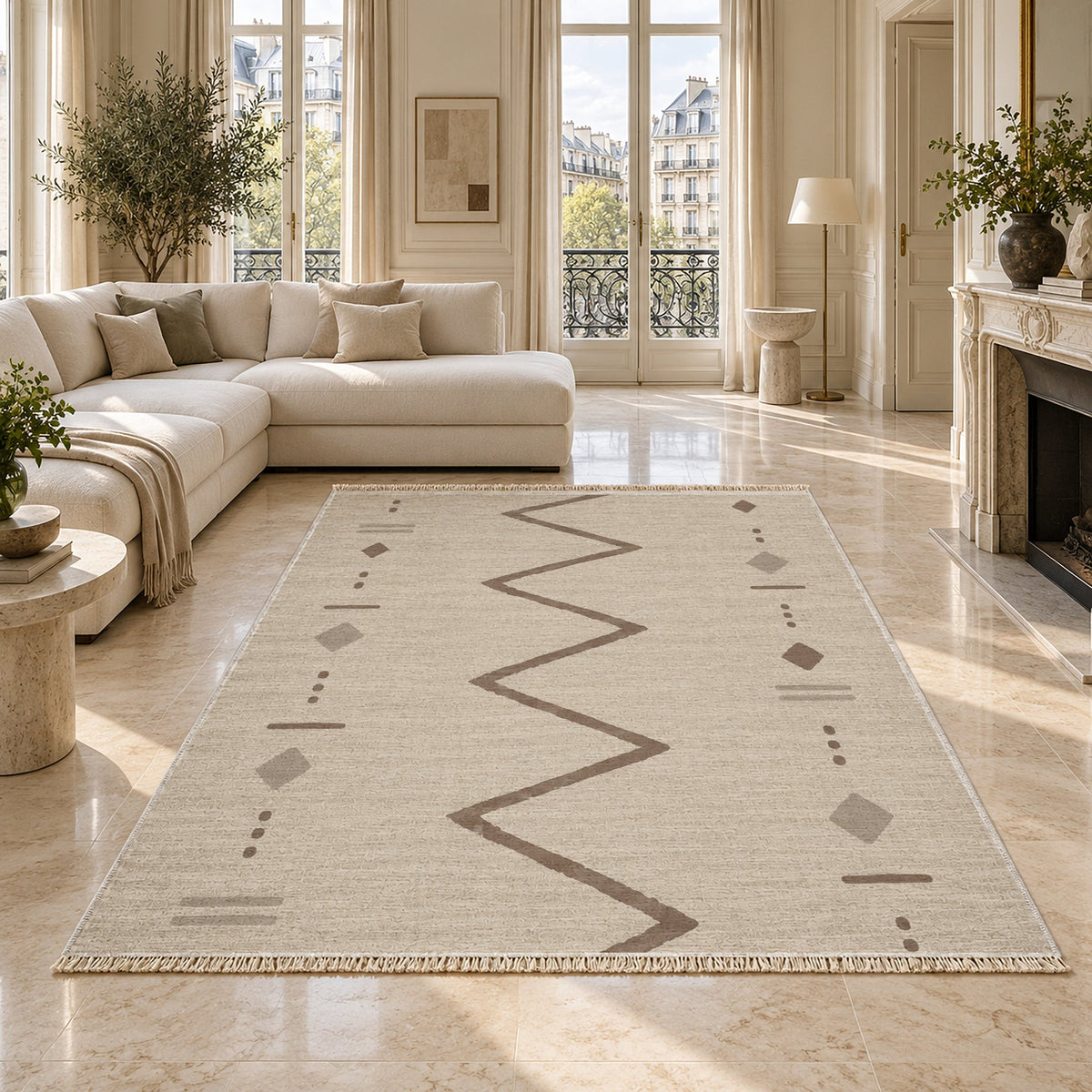 Single Path Ivory & Taupe washable rug on a marble floor