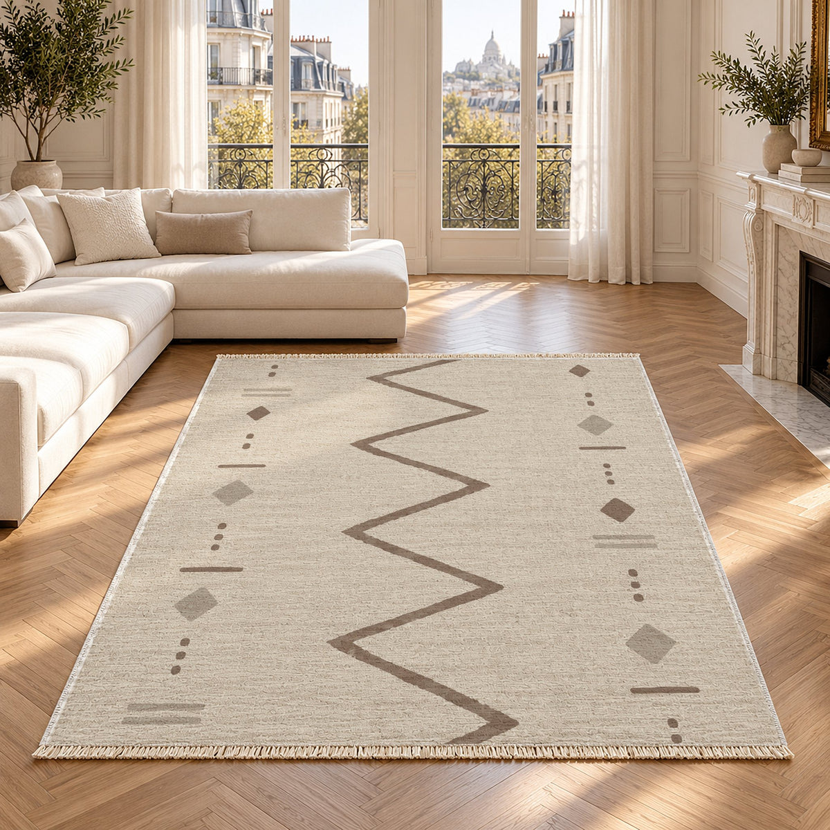 Single Path Ivory & Taupe washable rug in a Paris living room
