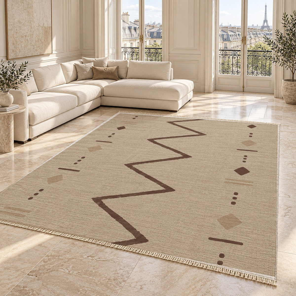 Single Path Oat & Cocoa washable rug angled room view on marble