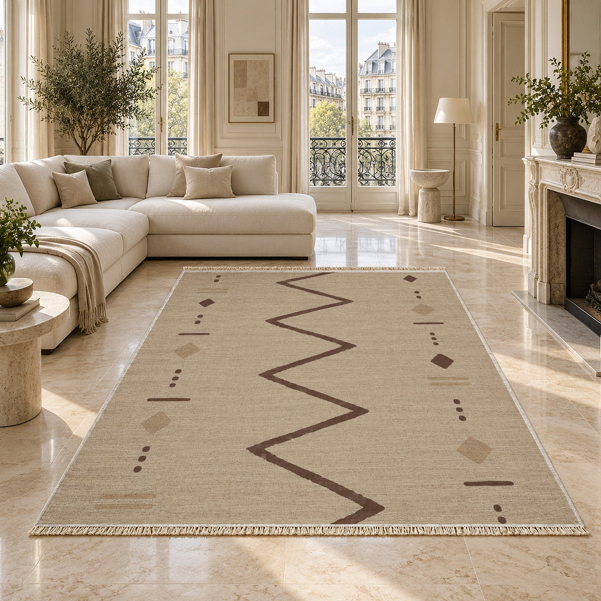 Single Path Oat & Cocoa washable rug on a marble floor