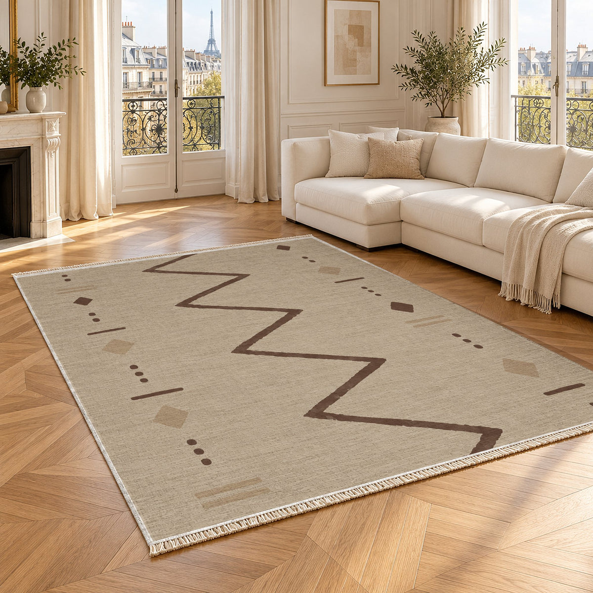 Single Path Oat & Cocoa washable rug angled room view