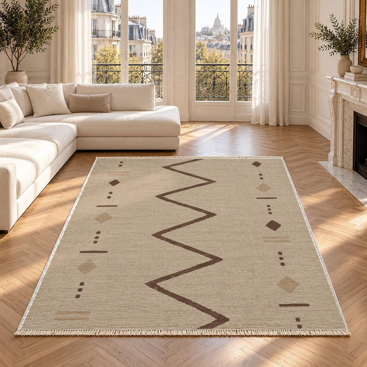 Single Path Oat & Cocoa washable rug in a Paris living room