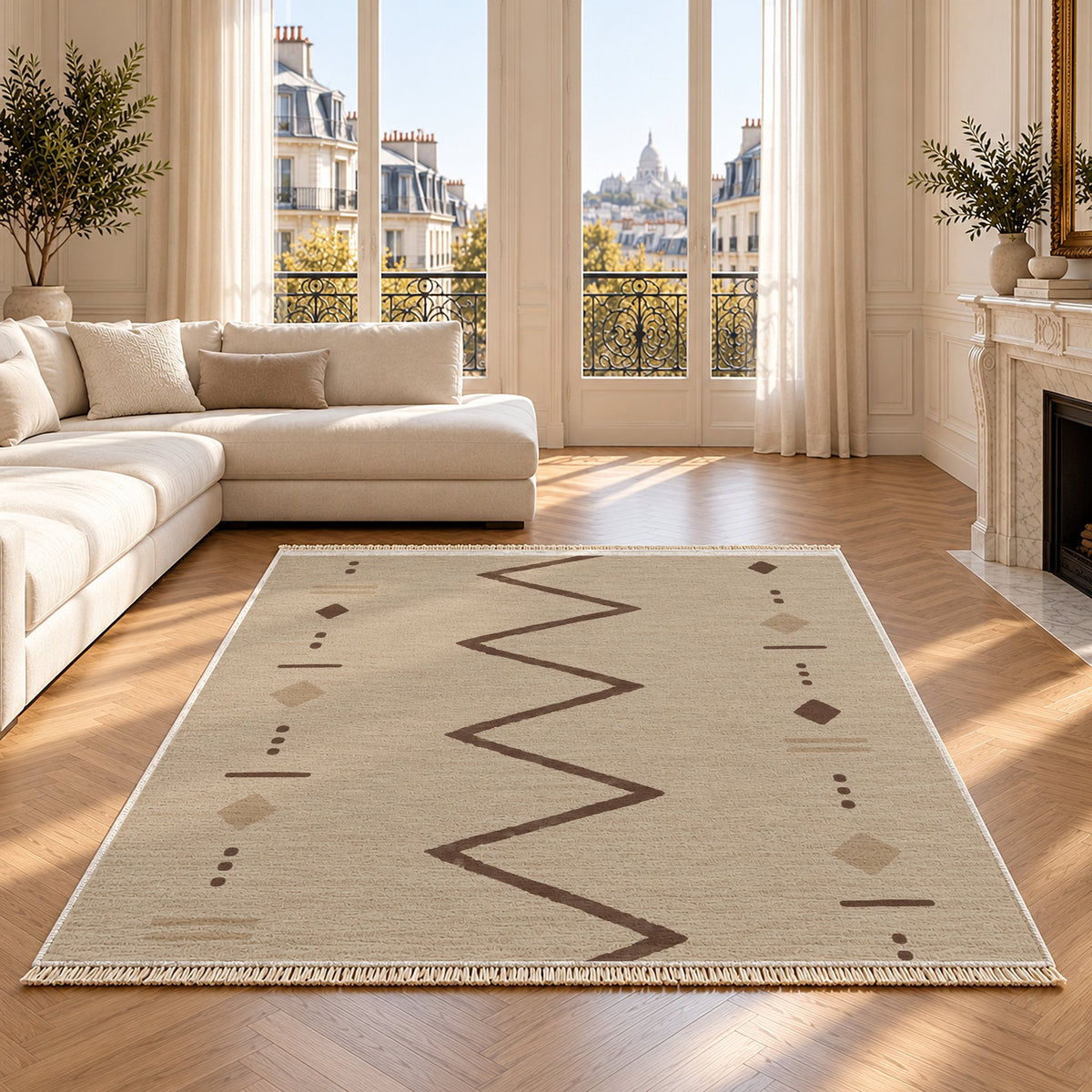 Single Path Oat & Cocoa washable rug on an oak floor