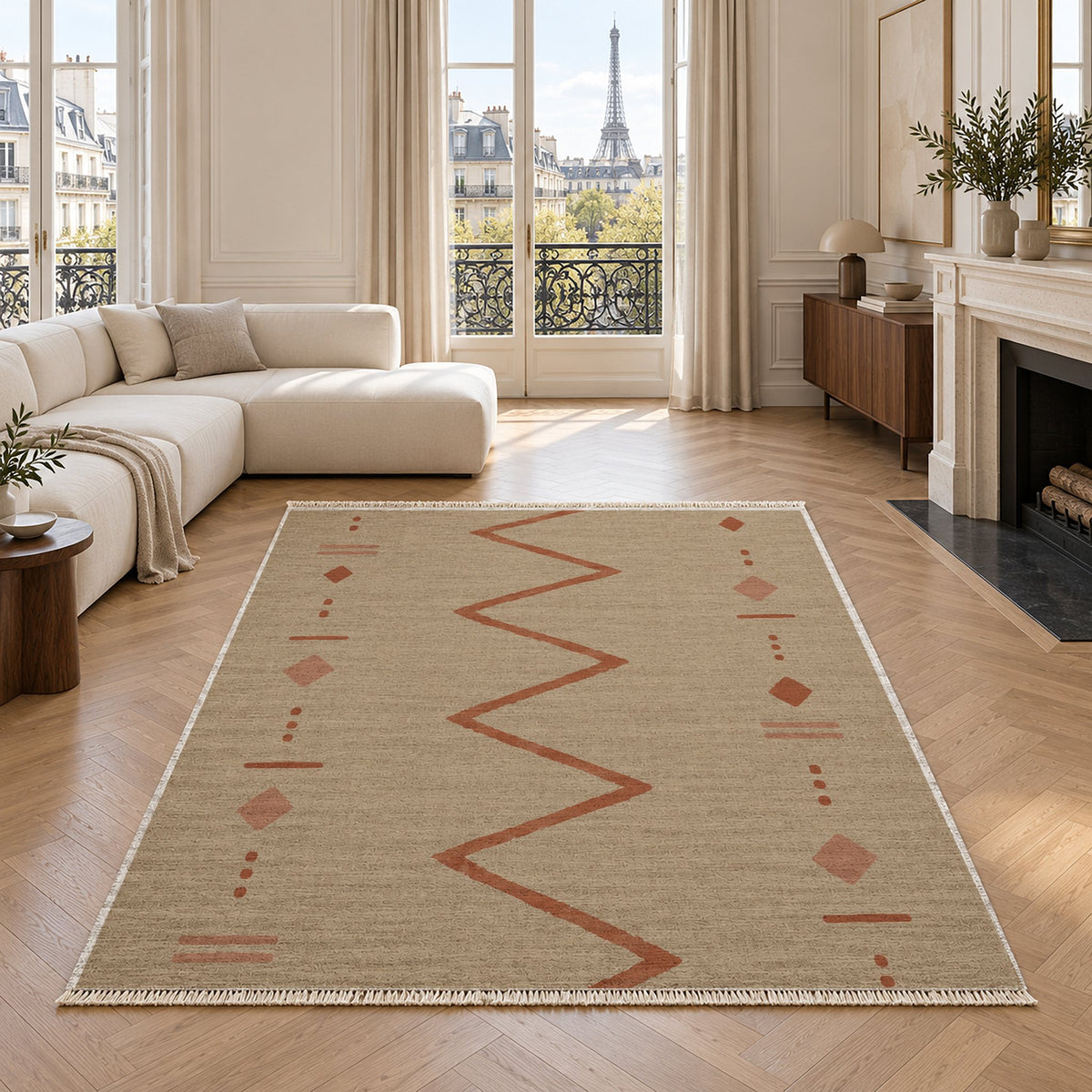 Single Path Sand & Terracotta washable rug in a living room with an Eiffel Tower view