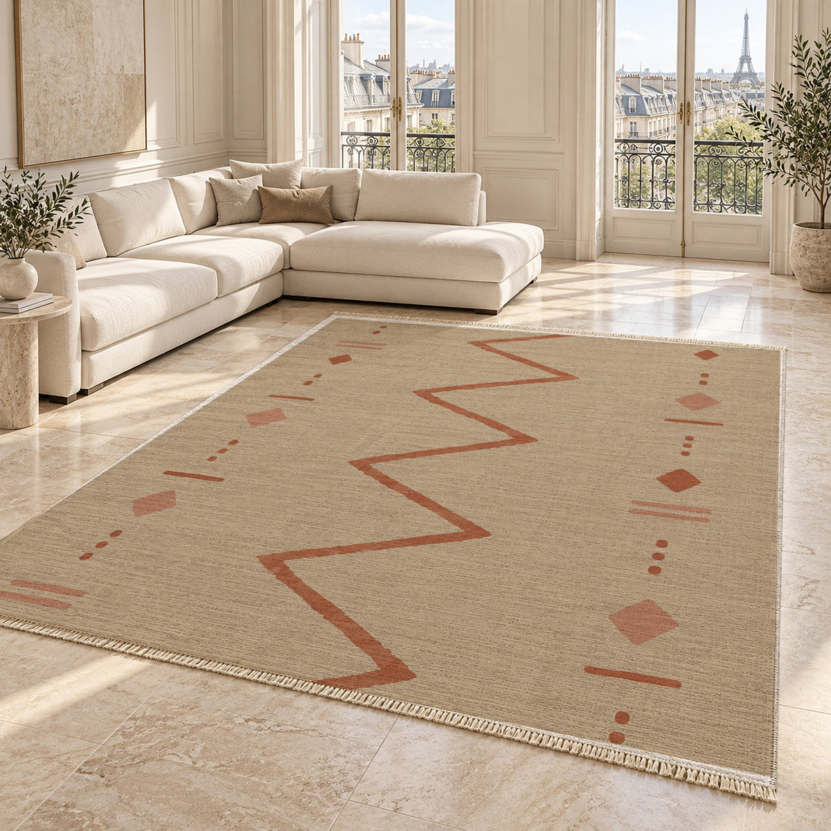 Single Path Sand & Terracotta washable rug angled room view on marble