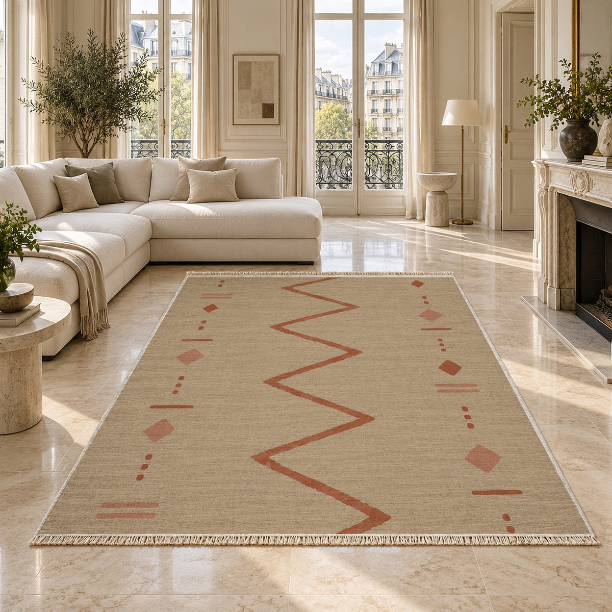 Single Path Sand & Terracotta washable rug on a marble floor