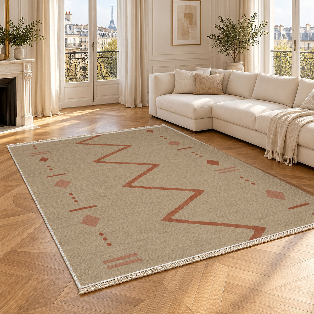 Single Path Sand & Terracotta washable rug angled room view