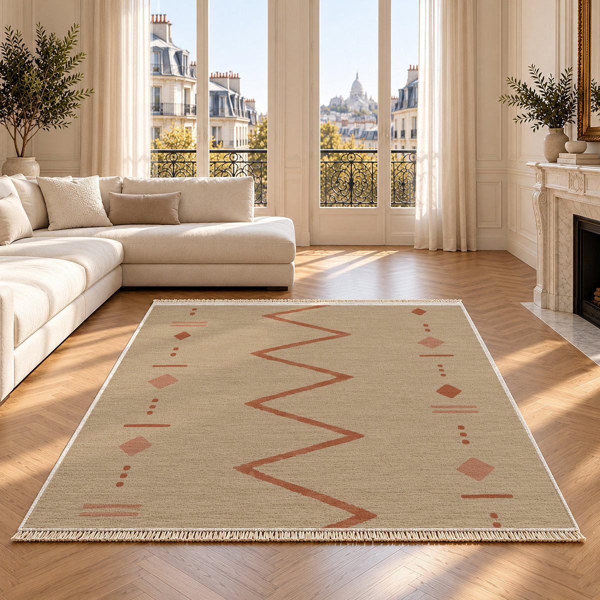 Single Path Sand & Terracotta washable rug on an oak floor