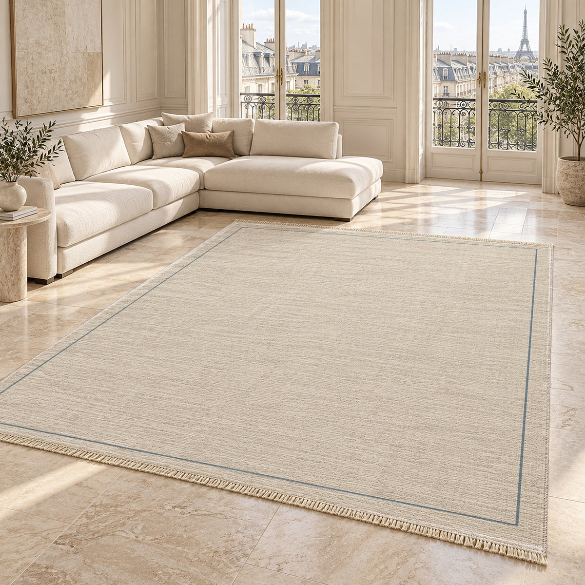 Slim Frame Ivory & Dusty Blue washable rug angled room view on marble