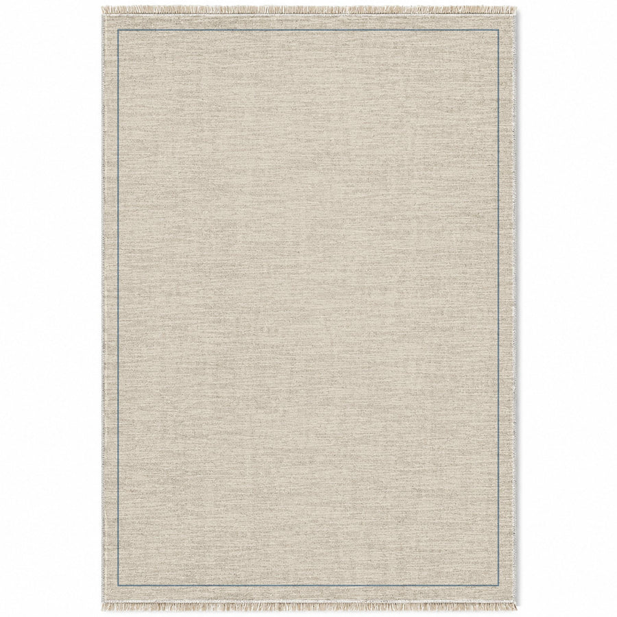 Slim Frame Ivory & Dusty Blue Bordered Washable Rug