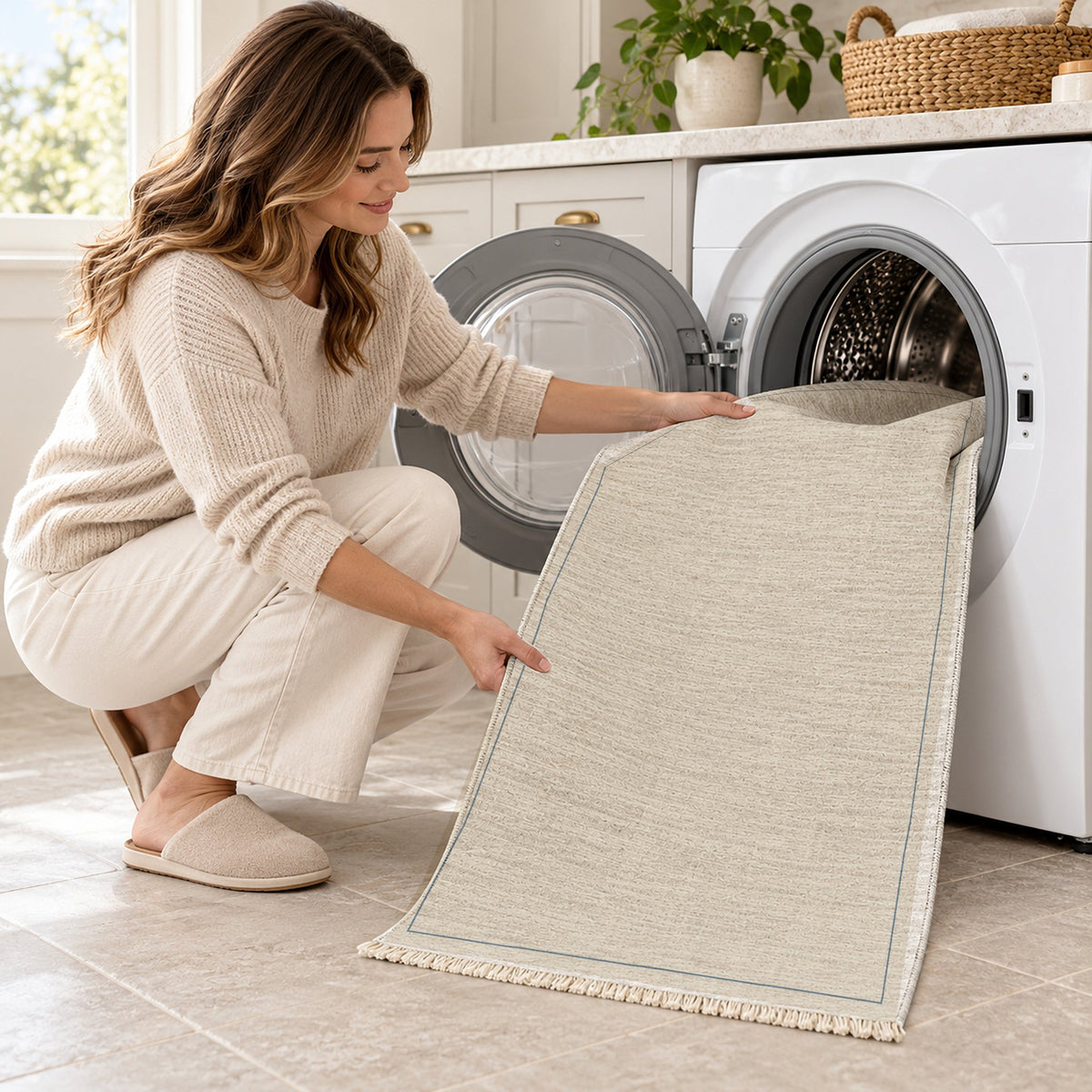 Slim Frame Ivory & Dusty Blue washable rug being loaded into a washing machine