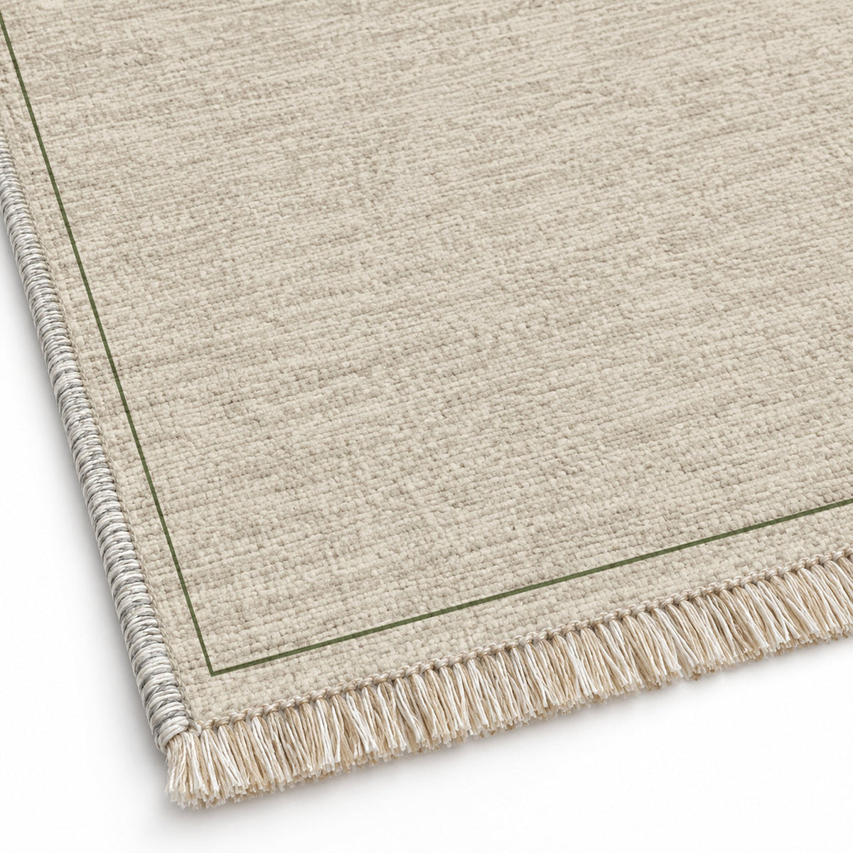 Slim Frame Ivory & Olive washable rug close-up of the printed chenille