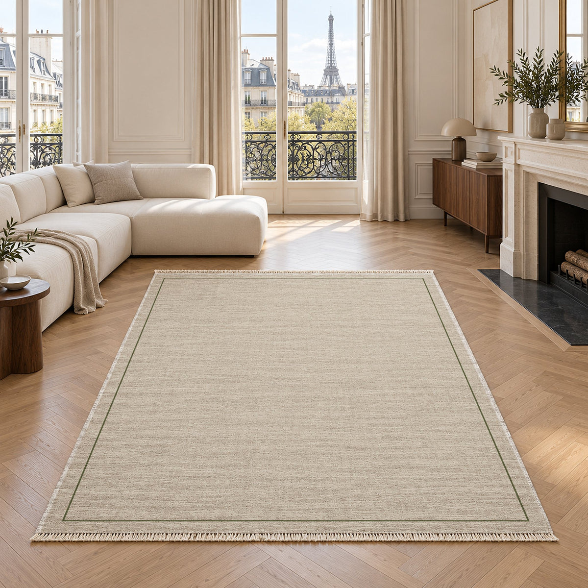 Slim Frame Ivory & Olive washable rug in a living room with an Eiffel Tower view