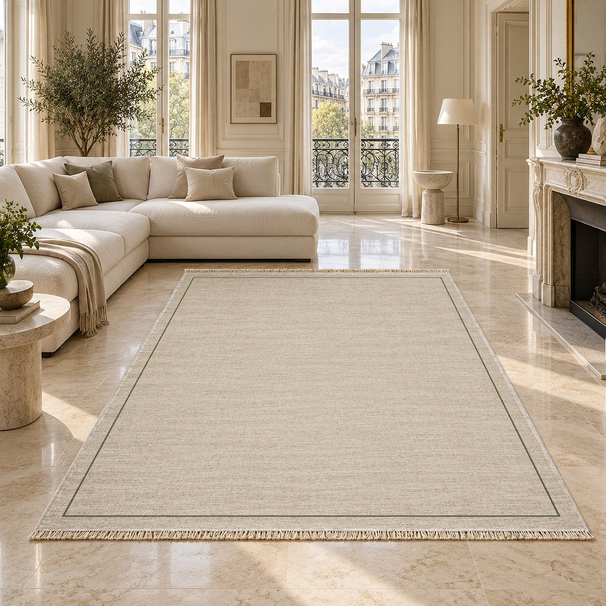 Slim Frame Ivory & Olive washable rug on a marble floor