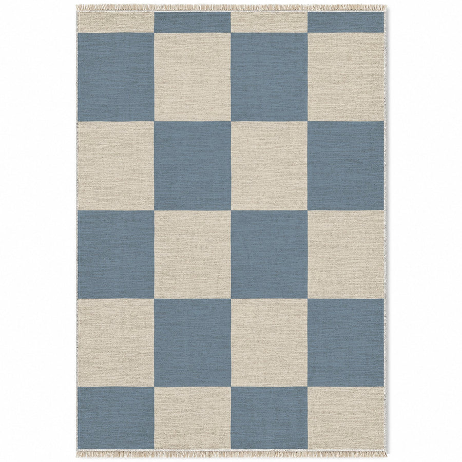 Soft Checker Ivory & Dusty Blue Check Washable Rug