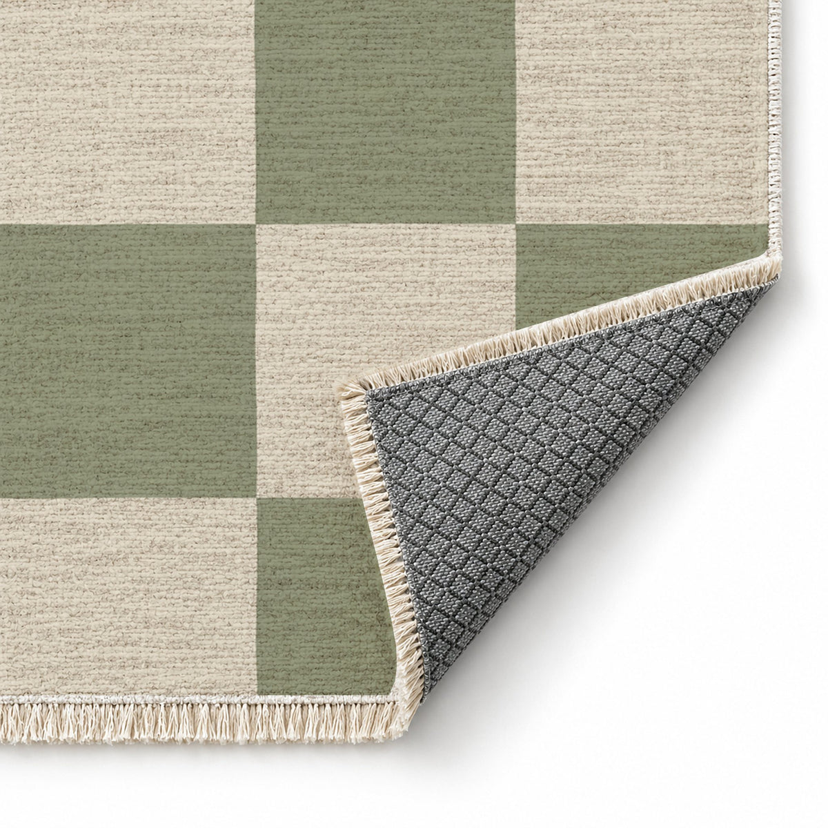 Soft Checker Ivory & Sage washable rug folded corner showing the backing