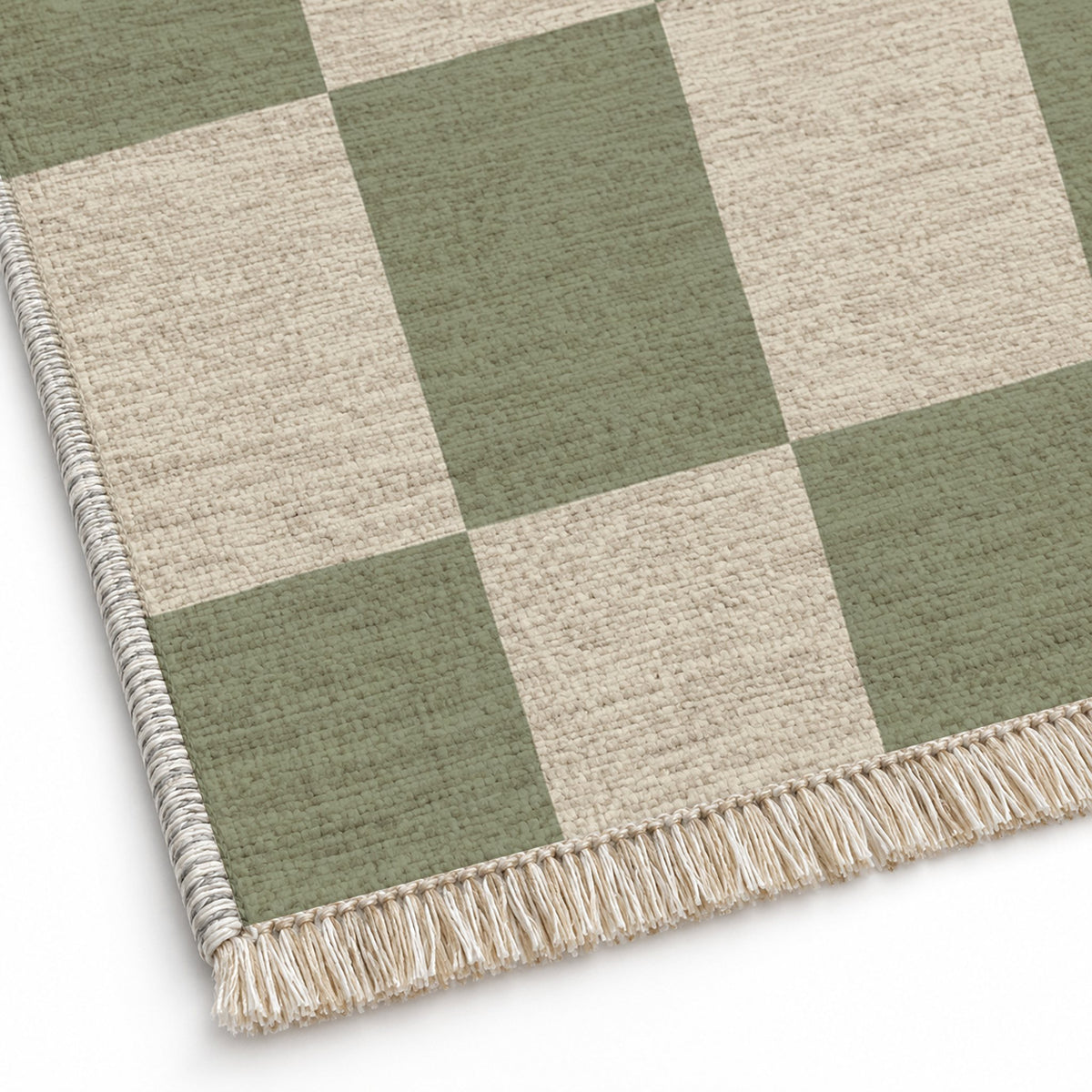 Soft Checker Ivory & Sage washable rug close-up of the printed chenille