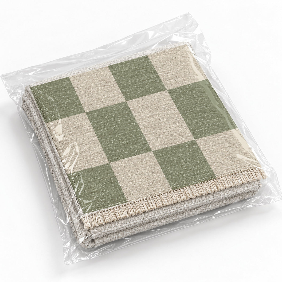 Soft Checker Ivory & Sage washable rug rolled and packaged