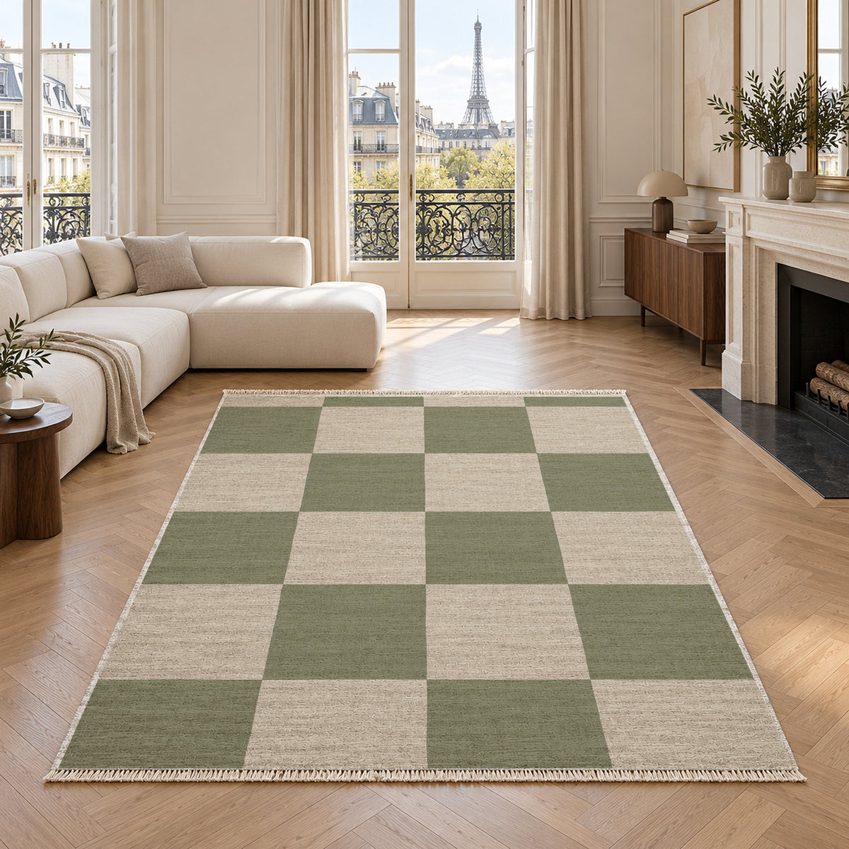 Soft Checker Ivory & Sage washable rug in a living room with an Eiffel Tower view