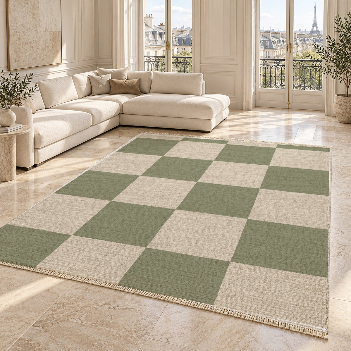 Soft Checker Ivory & Sage washable rug angled room view on marble