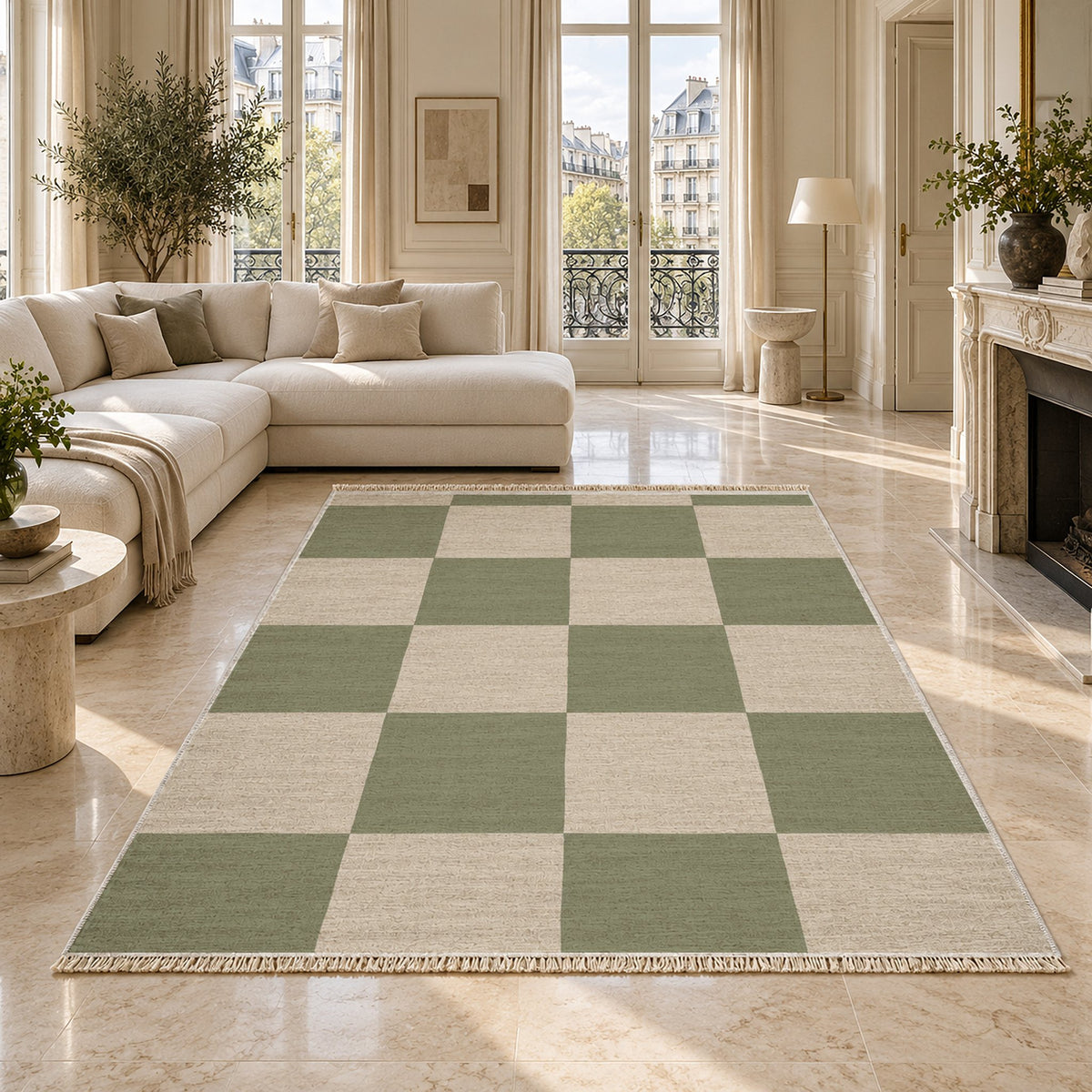 Soft Checker Ivory & Sage washable rug on a marble floor