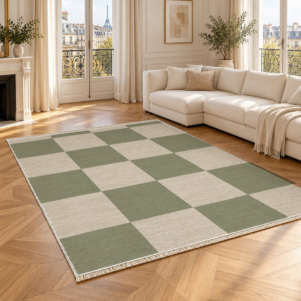 Soft Checker Ivory & Sage washable rug angled room view
